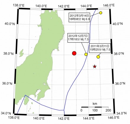 図1：震央分布図。赤丸は東北地方太平洋沖地震の震央位置、赤星は今回の地震の震央位置。黄色丸はそれぞれ、2011年3月11日の15時25分の地震（Mj 7.5）、2012年3月14日18時08分の地震（Mj 6.9）、2012年12月7日17時18分の地震（Mj 7.3）の震央位置。