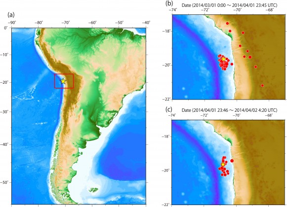 Hypocentral Distribution of the 2014 Chile earthquake above M4. (a)Main shock. (b)Fore shocks. (c)Aftershocks.