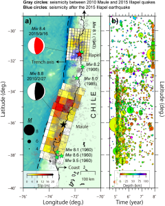 2010年マウレ地震と2015年イヤペル地震のすべり量分布