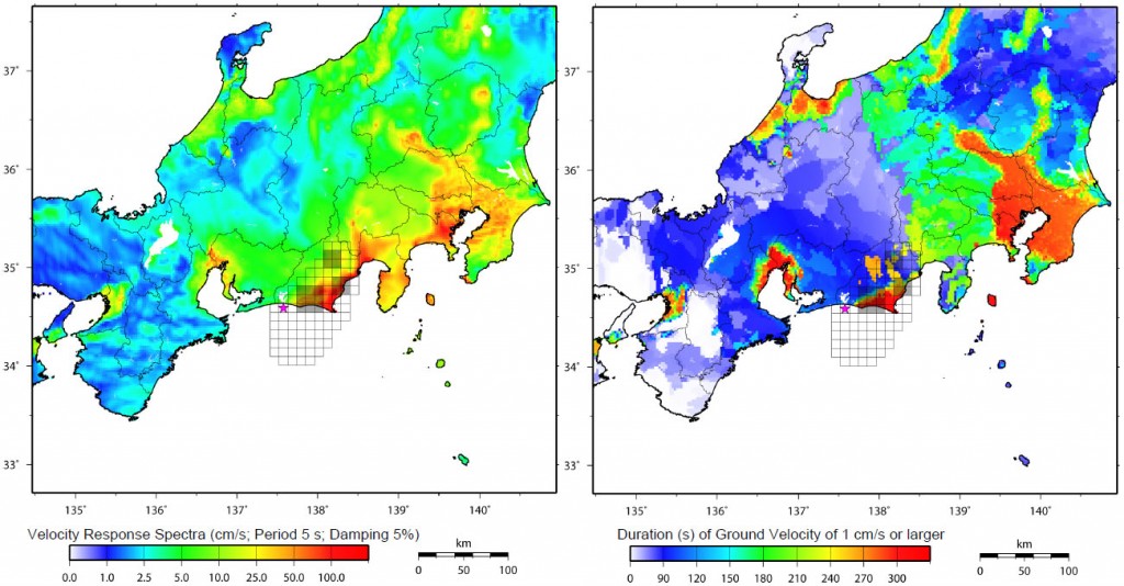 想定東海地震に対する周期5秒の速度応答スペクトル（左）と地動継続時間（右）の分布地図（「長周期地震動予測地図」2009年試作版より）．