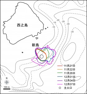 図1 　西之島火山沖新島の成長過程．海底地形は海上保安庁水路部 (1993) ，西之島の輪郭は海上保安庁水路部1999年作成の地形図をもとにしている．
