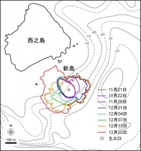 図1　新島の輪郭と面積変化．エラーバーは海岸線の読み取り精度から生じる誤差．12月13日まで海上保安庁が公開している空撮写真および輪郭を参考にしているほか，12月7日までは国土地理院が公開している空撮写真，その他メディア等により報道されている空撮写真等も参考にしている．海底地形は海上保安庁水路部 (1993) ，西之島の輪郭は海上保安庁水路部1999年作成の地形図をもとにしている．