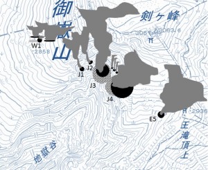 図１. 火口の分布状況．J3，J4の周囲には放出物が積り，火砕丘のような地形が形成されている． 