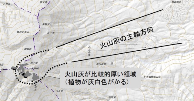 図４　降下火山灰の主軸の方向．山頂近辺の火山灰が比較的厚く堆積している領域を植物の見かけの色調等を参考に識別した．（点線） 