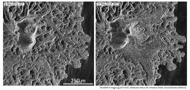 図４：TerraSAR-Xによる衛星画像 (協力: 株式会社パスコ)．2014年5月6日（左）と5月17日（右）を比較すると，新しい溶岩が主火口群から東側に流出し始めていることがわかる．5月21日と6月11日には新しい火口も発見された（海上保安庁）．空振観測は，これらの画像データの間を埋める連続情報として有用である．