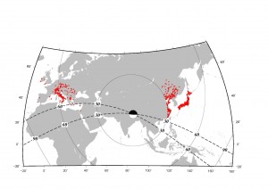 Figure 1 Station map for the European regional array (left), China array (middle), and Hi-net (right). The Focal mechanism is determined by the GCMT. Solid and dashed lines show the epicenter distances and strikes of the nodal planes, respectively.