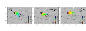 Figure 2 Colorful squares indicate the timings and amplitudes of the stack with the maximum amplitude ate each time step (2s) derived from data recorded at three arrays in Europe, China, and Japan (Hi-net) filtered between 0.05 and 0.5 Hz. The gray and black circles show the previous seismicity and aftershocks (one day after the origin time). Gray dashed lines show the plate boundary between Indian plate and Eurasian plate. The red triangle indicates the location of capital city Kathmandu.