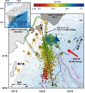 図1．海底地震観測網（黄色の四角：数字は観測点番号）によって捉えられた浅部低周波微動の震央分布（丸印：色は発生日時を示す）．オレンジの丸は小繰り返し地震（プレート境界で繰り返し発生するM2~4程度の地震：Yamashita et al., 2012），緑の太線は大陸プレート下に沈み込んでいる九州パラオ海嶺の外縁（Yamamoto et al., 2013），赤い矢印はフィリピン海プレートが大陸プレート下に沈み込む方向（Miyazaki and Heki,, 2001）を示している．グレーの領域は，それぞれ1968年日向灘地震，1996年10月・12月日向灘の地震で地震時に大きくすべった領域を示す（八木・他, 1998; Yagi et al., 1999）．