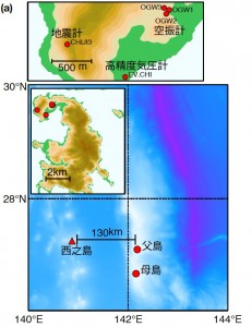 図1西之島・父島の位置関係と、観測点の設置箇所を表した図。図上は西之島の北西部を拡大した図。