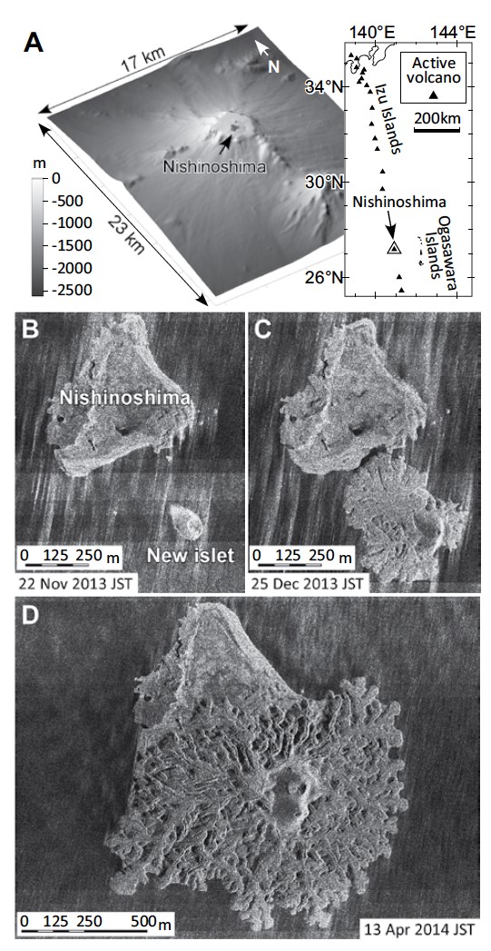 図1　A: 西之島の位置，周辺の海底地形．B–D: TerraSAR-X 衛星で捉えた西之島の成長の様子．