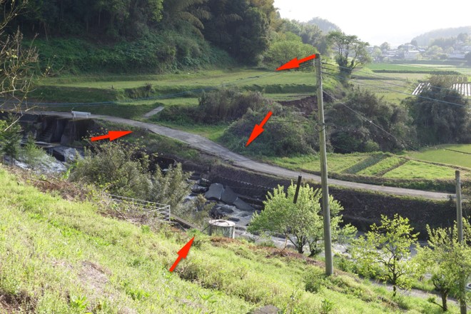 写真1　益城町堂園北、木山川右岸の右横ずれを示す地表地震断層。
