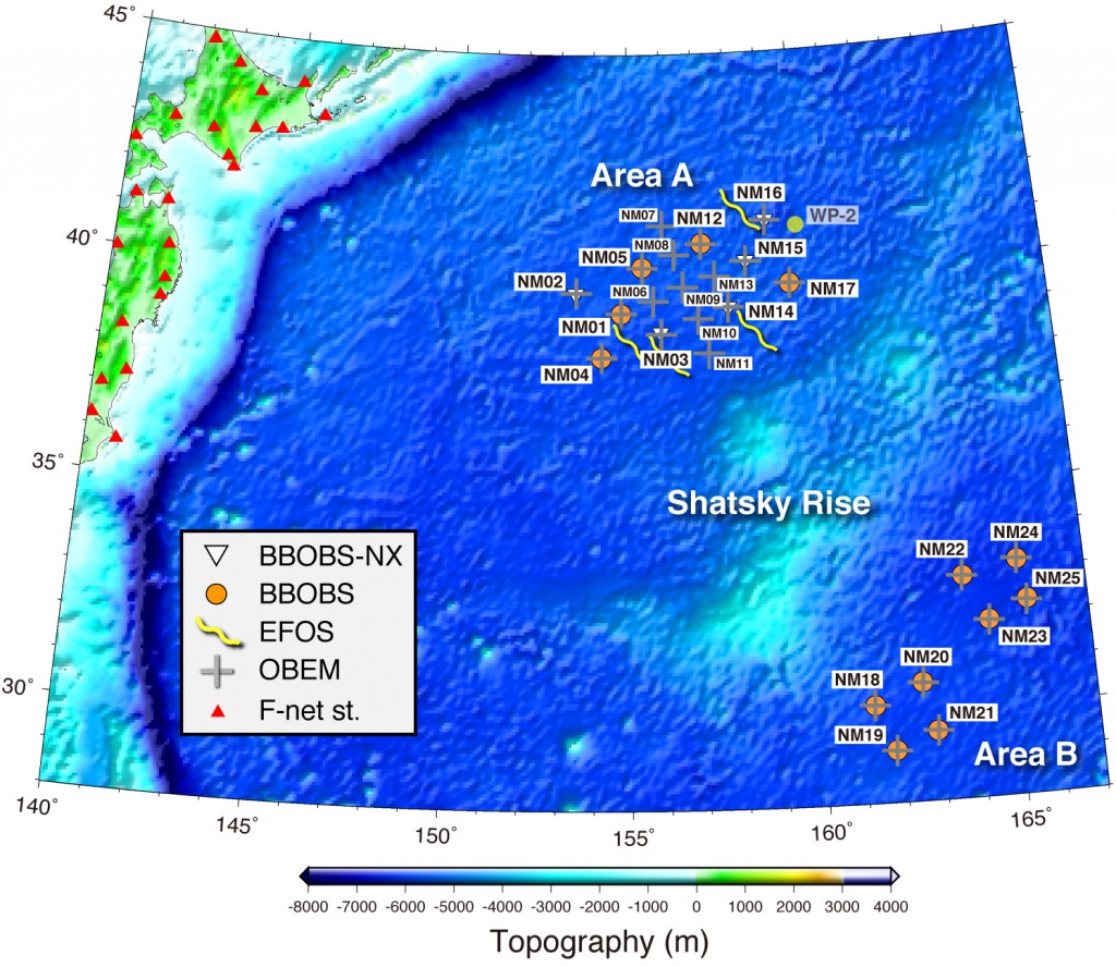 「ふつうの海洋マントル計画」における全観測点配置図．