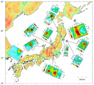  震源過程インバージョンによって求められた国内の被害地震の震源モデル（すべり分布）．北東から南西に向かって，2003年十勝沖地震，2008年岩手・宮城内陸地震，2003年宮城県北部の地震，1978年宮城県沖地震および2005年宮城県沖の地震，2007年新潟県中越沖地震，2004年新潟県中越地震，2007年能登半島地震，1923年関東地震，2005年福岡県西方沖の地震．