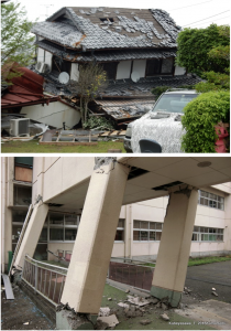 2016年熊本地震による(上)古い木造住宅の倒壊，（下）校舎渡り廊下の倒壊（益城町）．