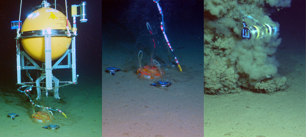 図3-7-4 「かいこう7000Mk-IV」によって撮影されたNX-2Gの観測状態(左)から回収状態への遷移(中央—右)．錘と記録部(オレンジ色の耐圧球，直径65cm)を繋いでいた細いロープを外し，上方の浮力体と耐圧球の浮力により，海底堆積層に埋まっていたセンサー部を引き抜き自己浮上動作を行う．