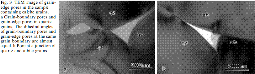 石英の粒界と粒界三重点に位置するポア